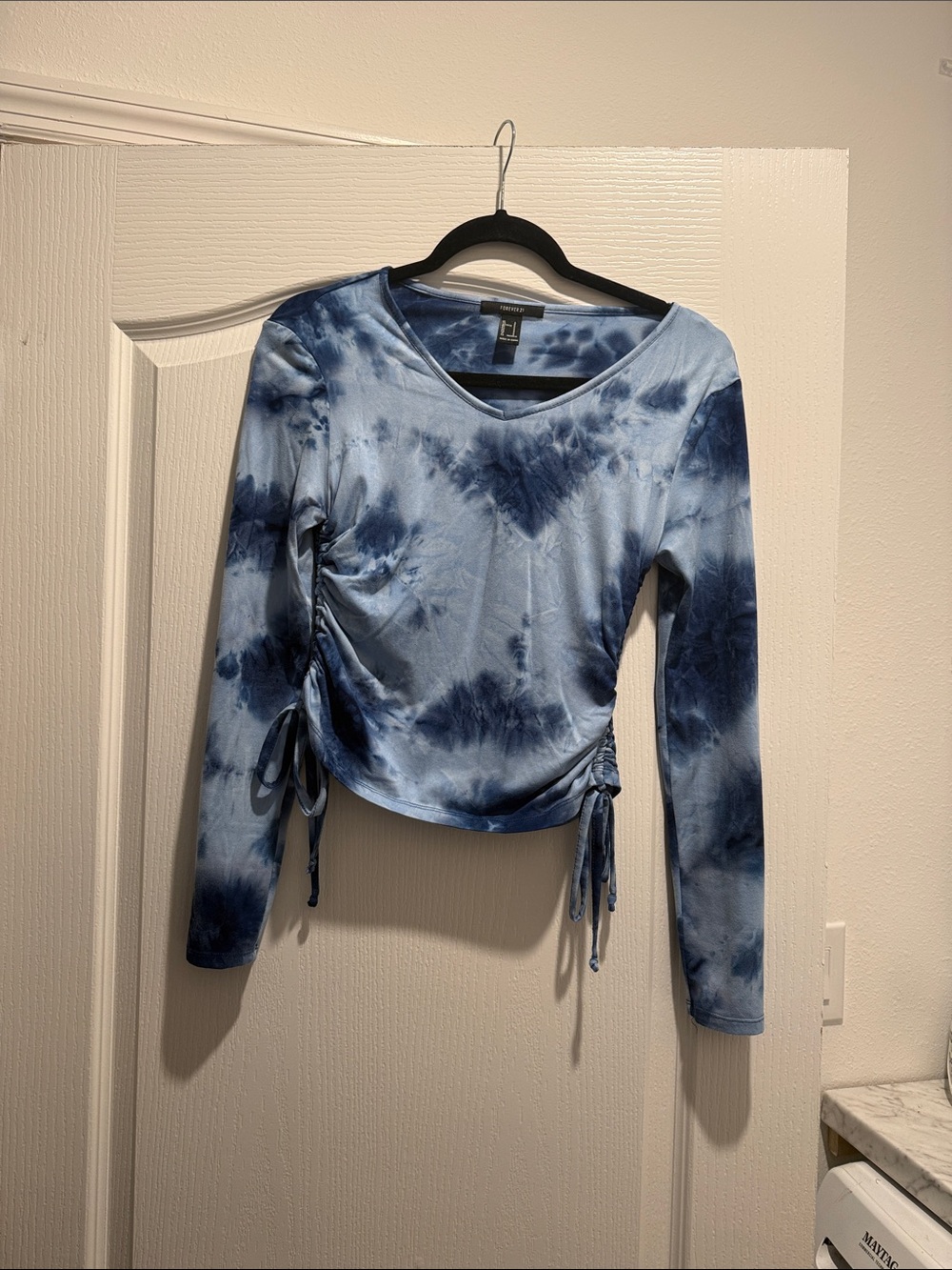 Tie-Dye Ruched Side Long-Sleeve Top - Blue